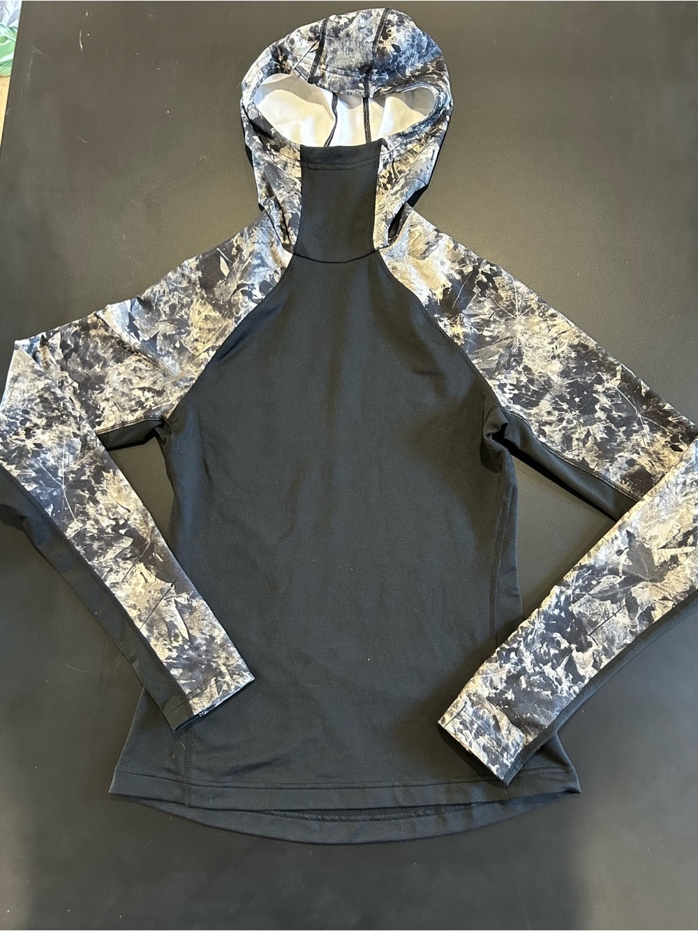 adidas Black Hooded Pullover with Gray Marble-Print Sleeves
